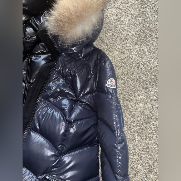 Moncler Navy Puffer Coat with Fur Hood - Picture 3 of 9